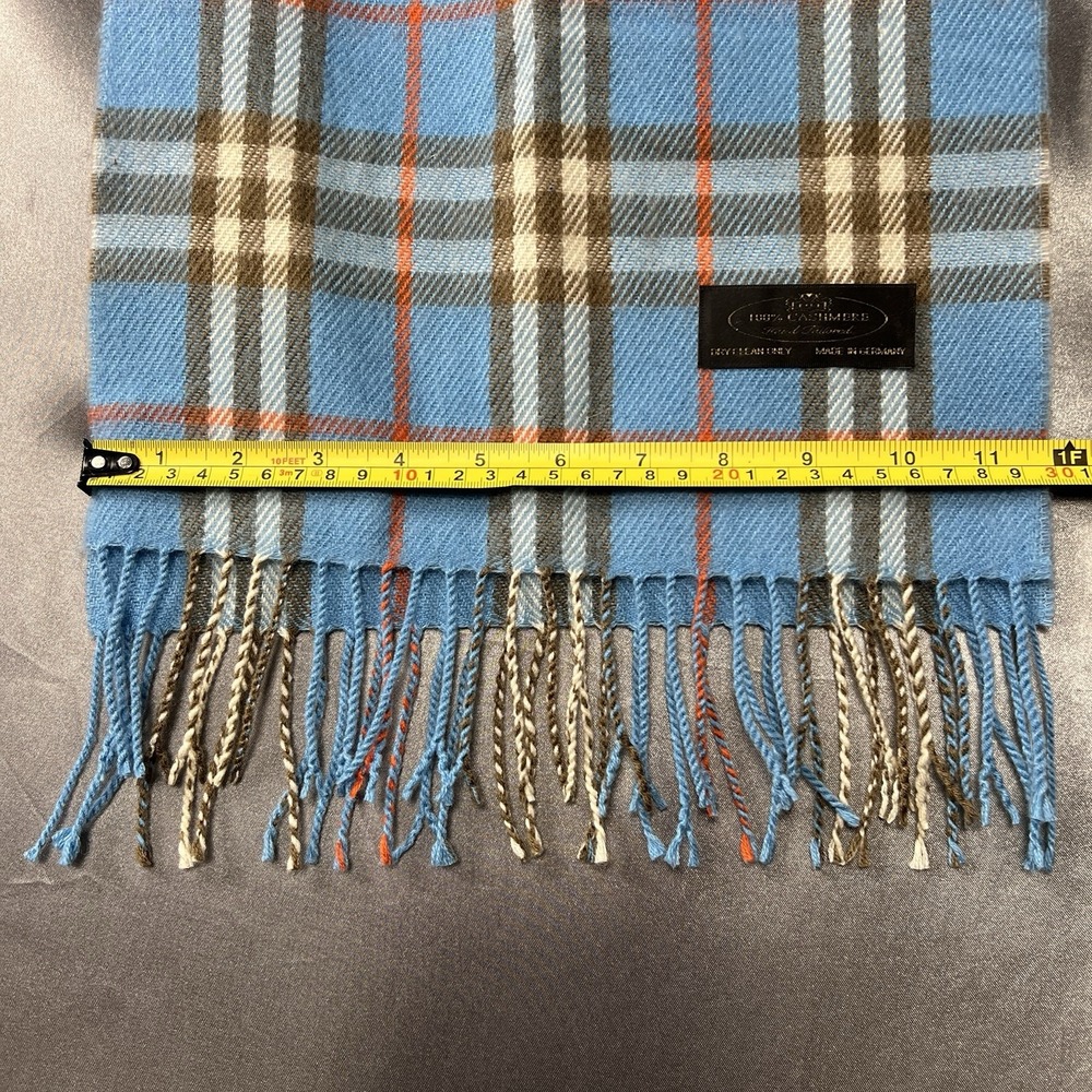 Hand Tailored 100% Cashmere Fringe Scarf Tartan Blue/ Brown / Orange Germany VTG - Picture 6 of 8